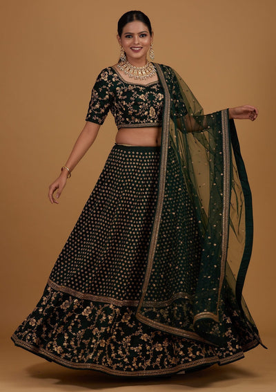 Bottle Green Zariwork Raw Silk Designer Lehenga - Koskii