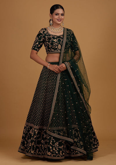Bottle Green Zariwork Raw Silk Designer Lehenga - Koskii