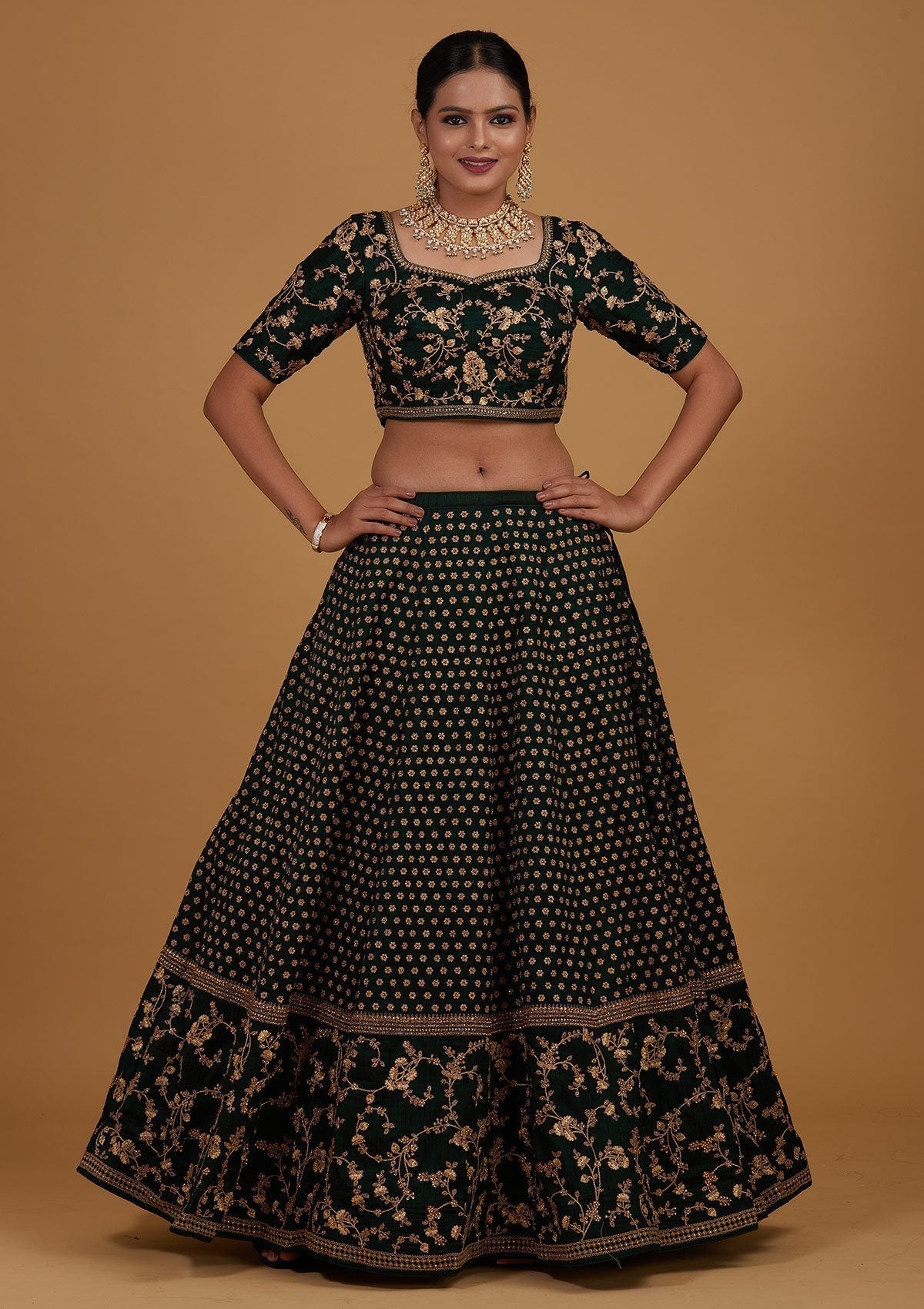 Bottle Green Zariwork Raw Silk Designer Lehenga - Koskii