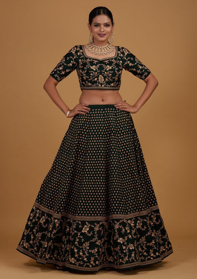 Bottle Green Zariwork Raw Silk Designer Lehenga - Koskii