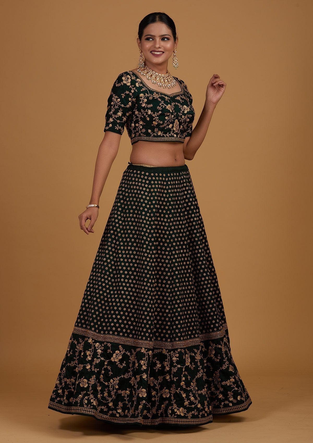 Bottle Green Zariwork Raw Silk Designer Lehenga - Koskii