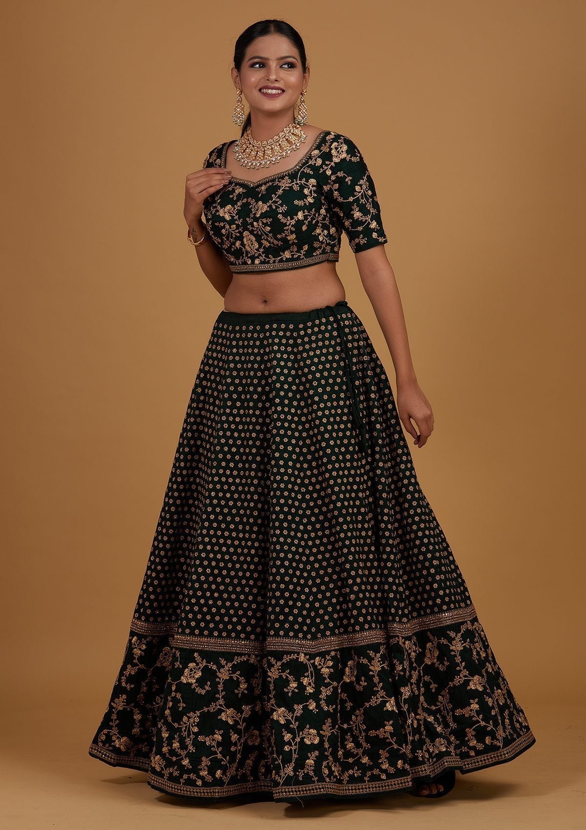 Bottle Green Zariwork Raw Silk Designer Lehenga - Koskii