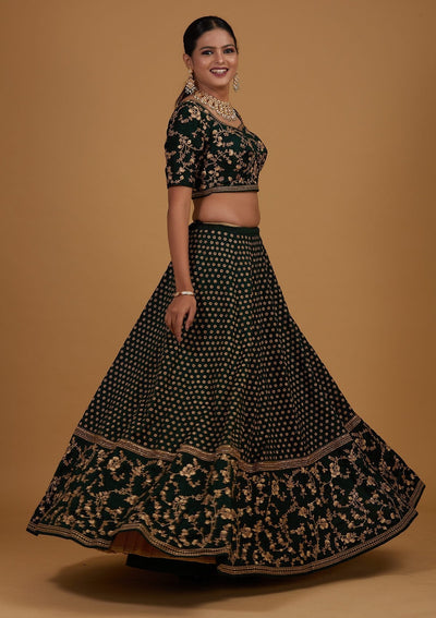 Bottle Green Zariwork Raw Silk Designer Lehenga - Koskii