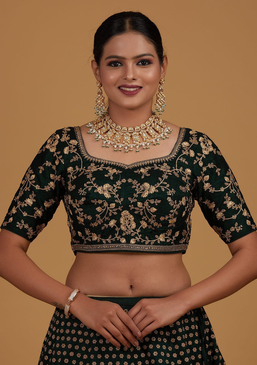 Bottle Green Zariwork Raw Silk Designer Lehenga - Koskii