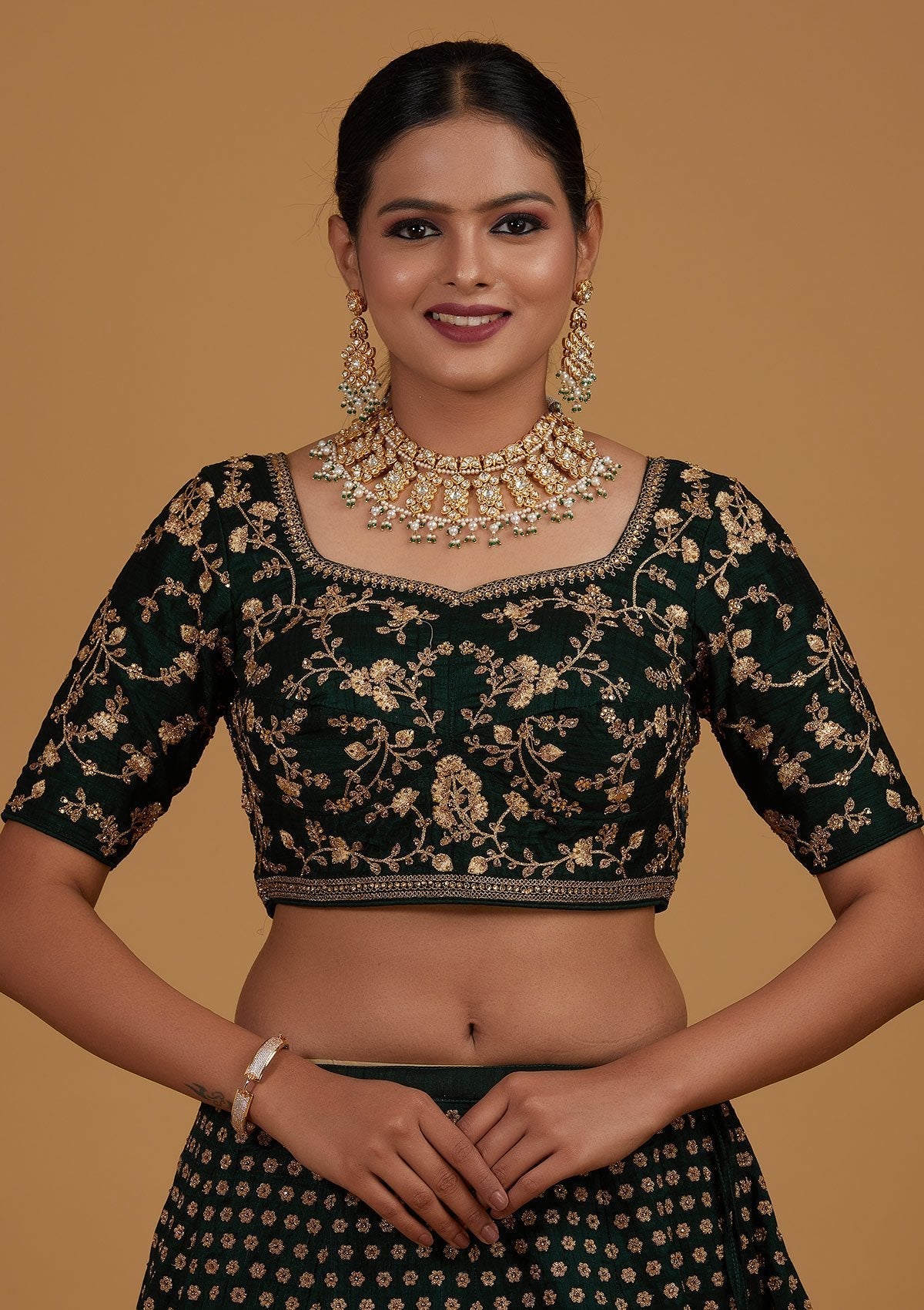 Bottle Green Zariwork Raw Silk Designer Lehenga - Koskii