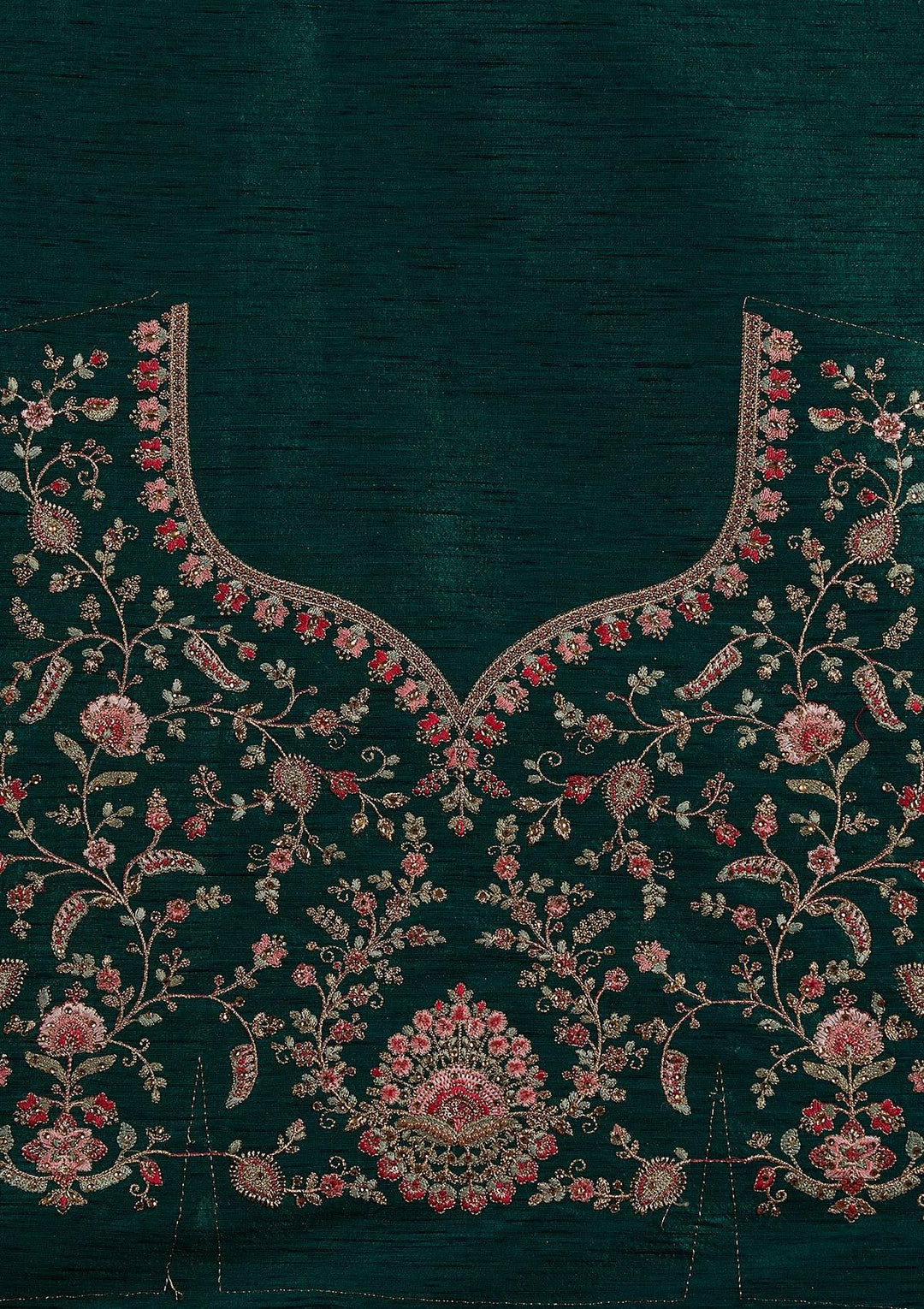 Bottle Green Zariwork Raw Silk Designer Semi-Stitched Lehenga - koskii