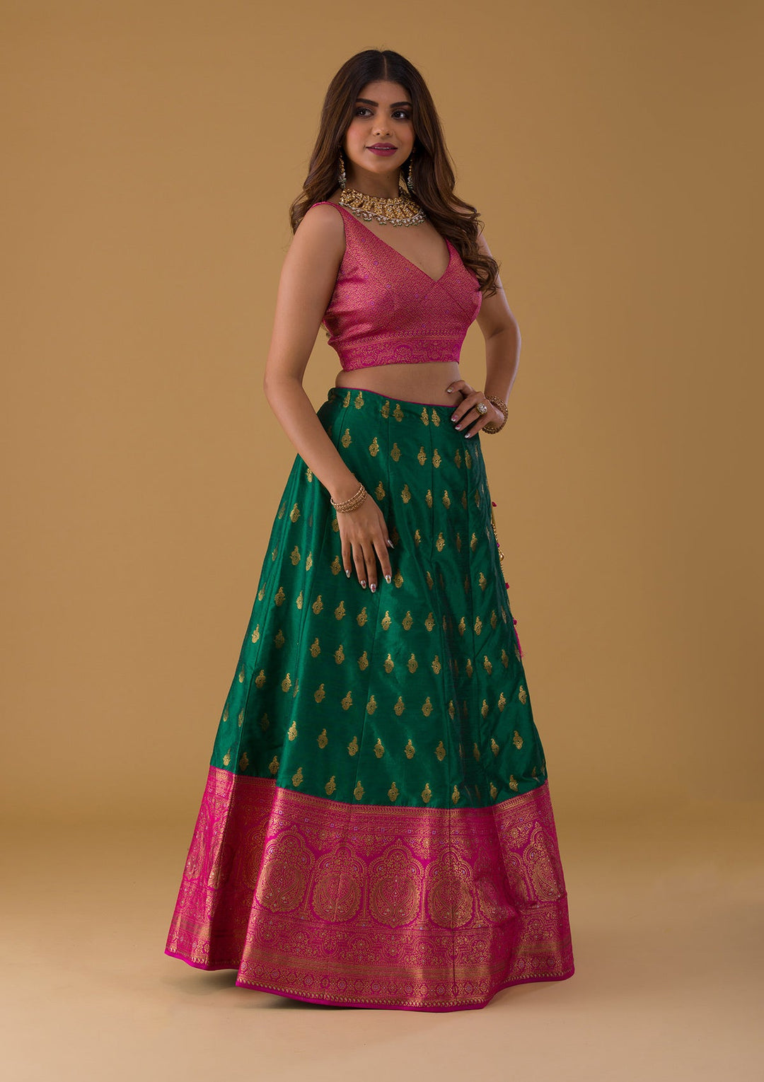 Bottle Green Zariwork Raw Silk Lehenga-Koskii