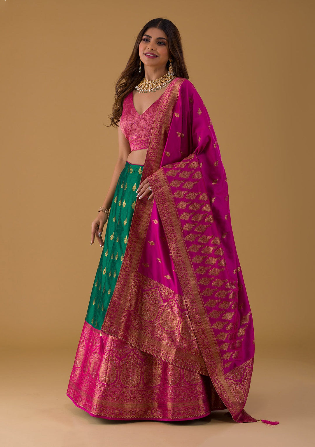 Bottle Green Zariwork Raw Silk Lehenga-Koskii