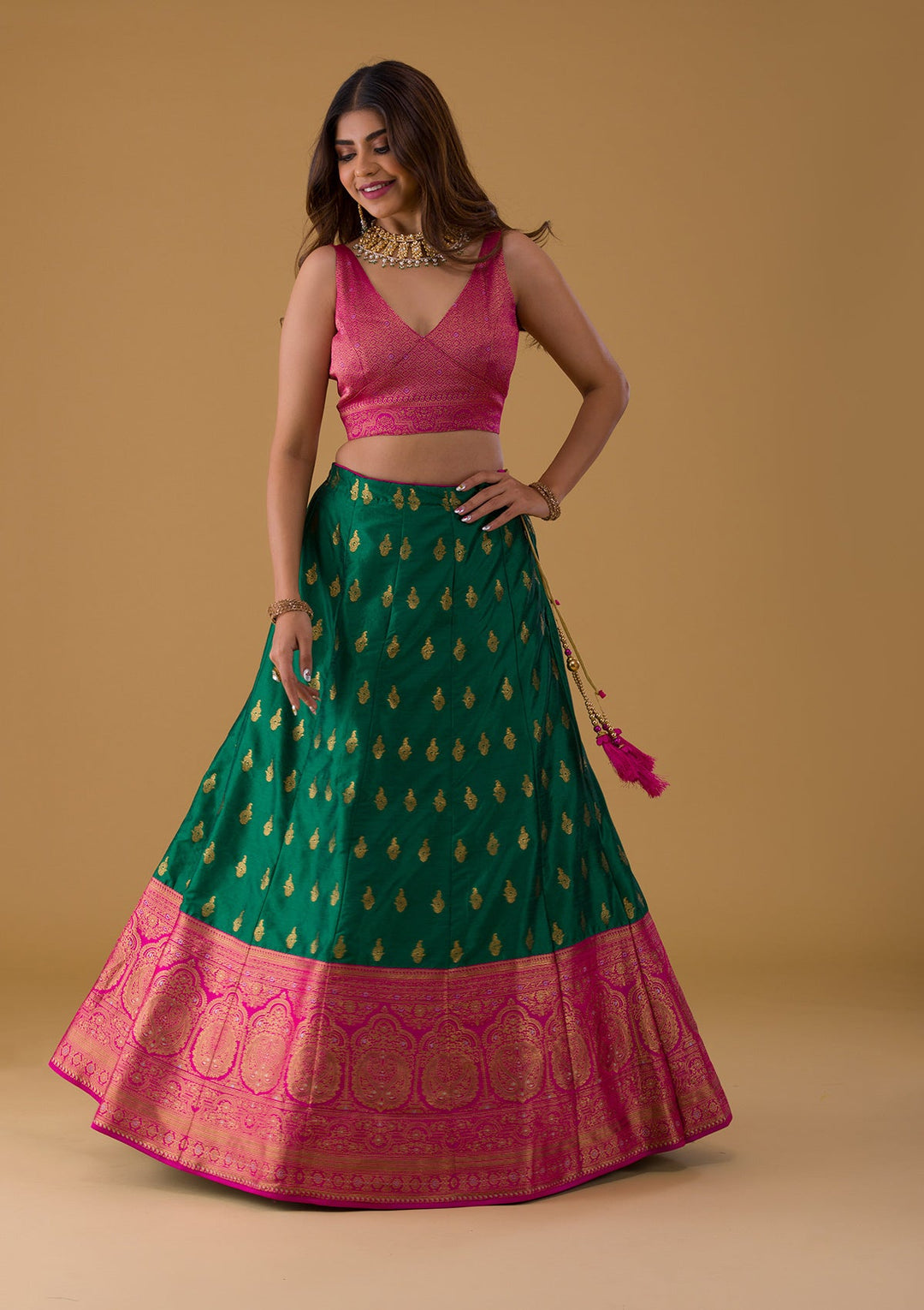 Bottle Green Zariwork Raw Silk Lehenga-Koskii
