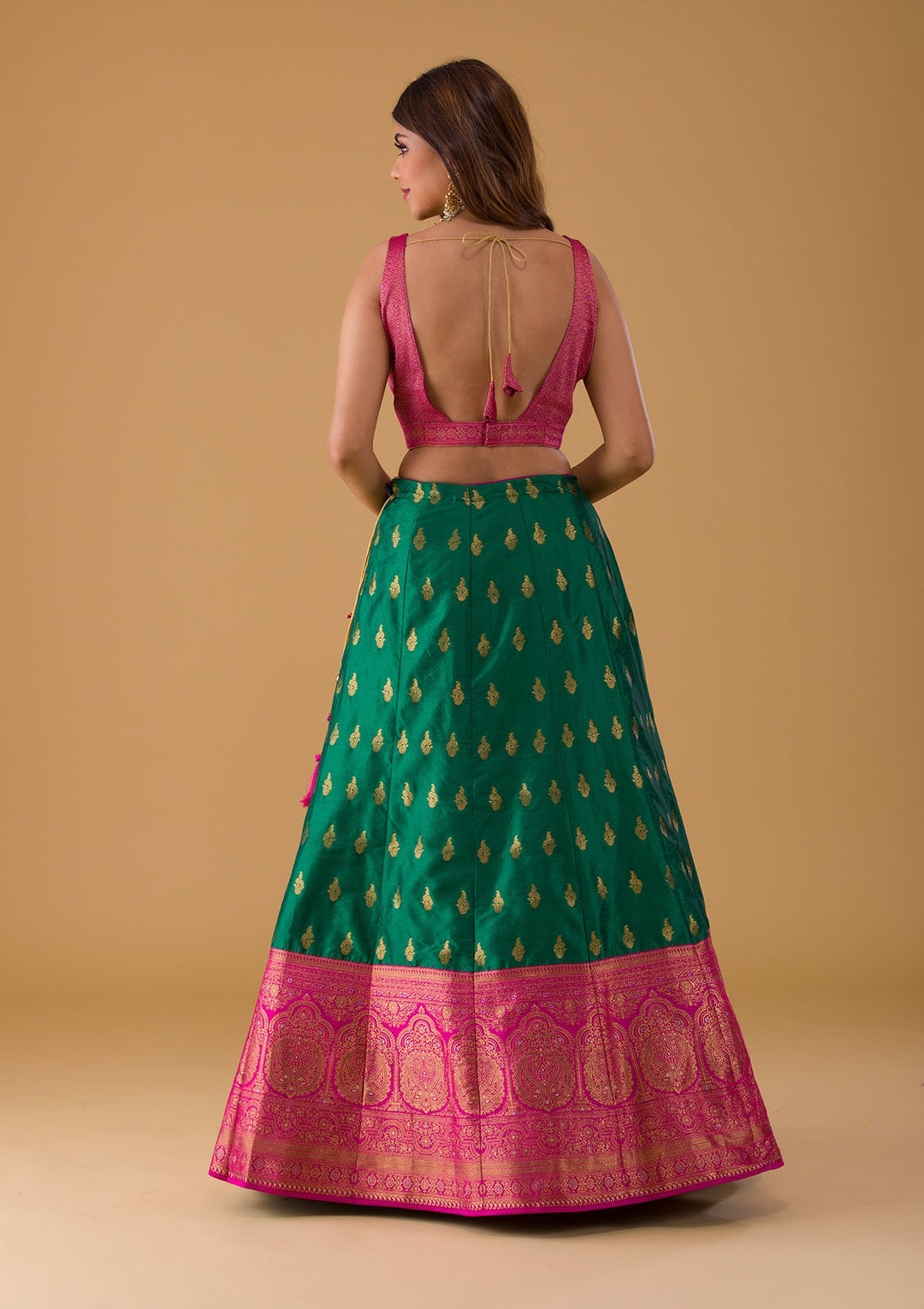Bottle Green Zariwork Raw Silk Lehenga-Koskii