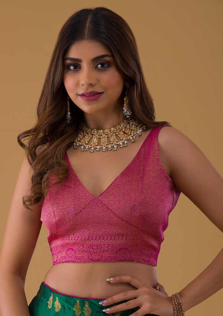 Bottle Green Zariwork Raw Silk Lehenga-Koskii