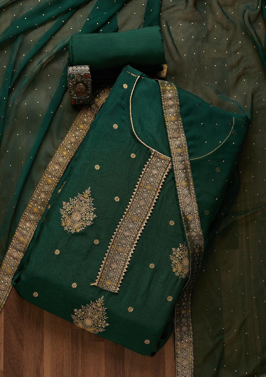 Bottle Green Zariwork Raw Silk Semi-Stitched Salwar Suit-Koskii