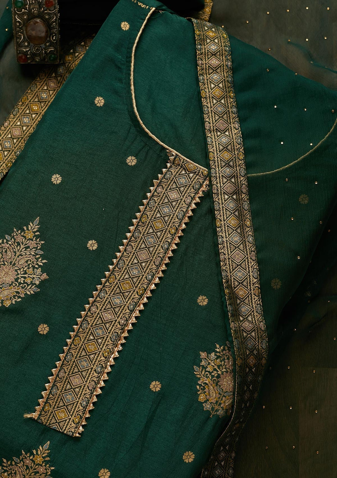 Bottle Green Zariwork Raw Silk Semi-Stitched Salwar Suit-Koskii