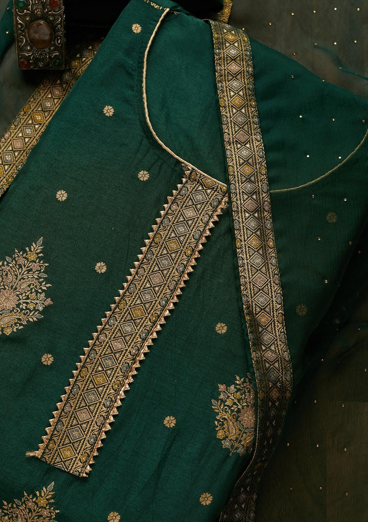Bottle Green Zariwork Raw Silk Semi-Stitched Salwar Suit-Koskii