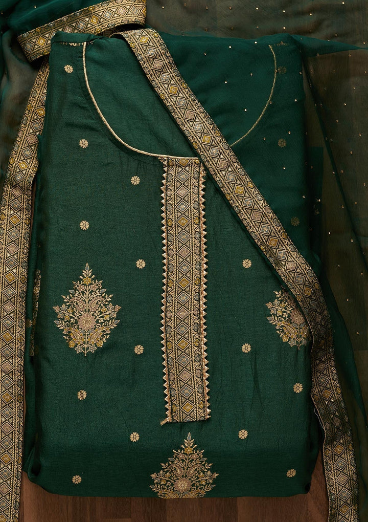 Bottle Green Zariwork Raw Silk Semi-Stitched Salwar Suit-Koskii