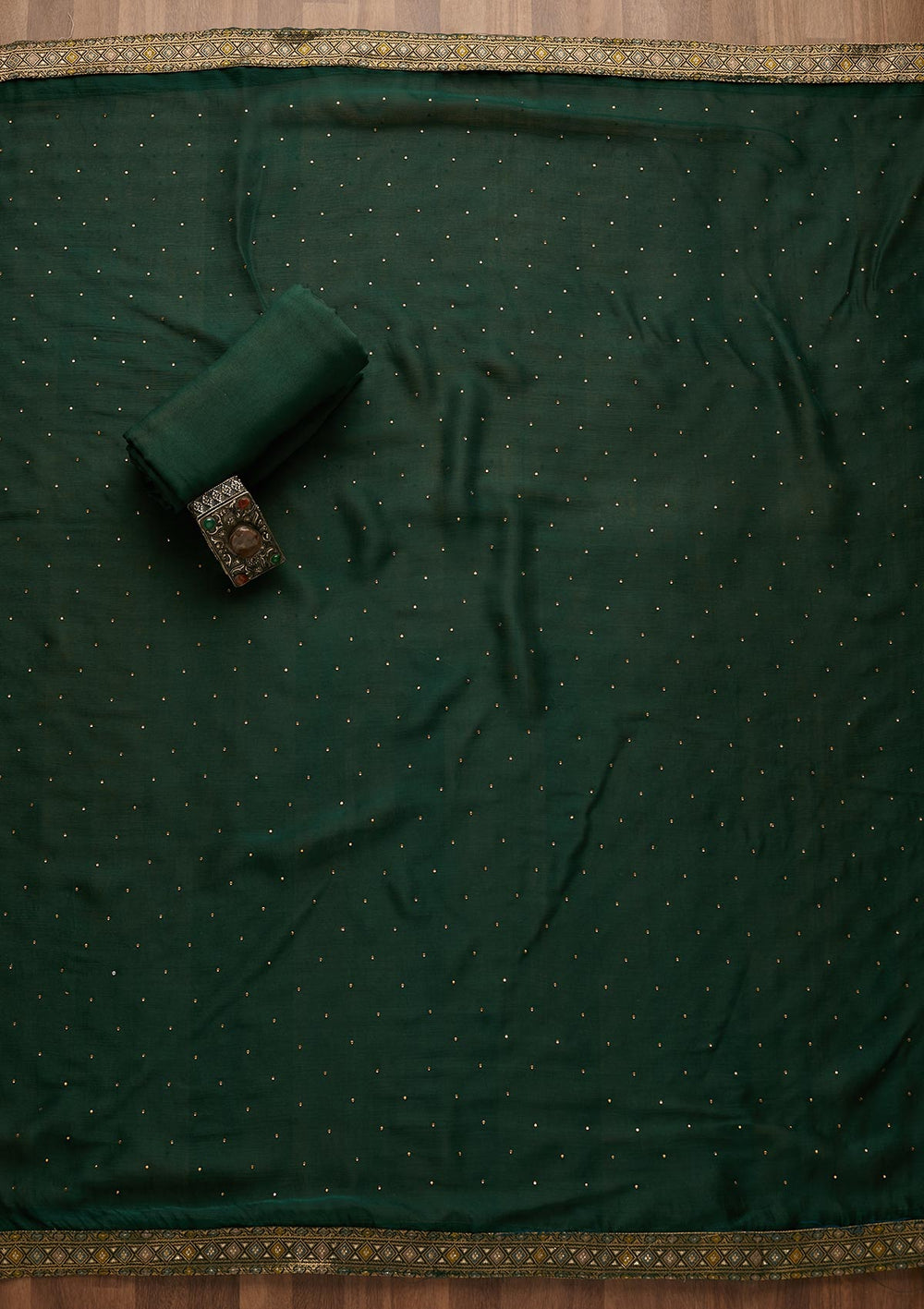 Bottle Green Zariwork Raw Silk Semi-Stitched Salwar Suit-Koskii