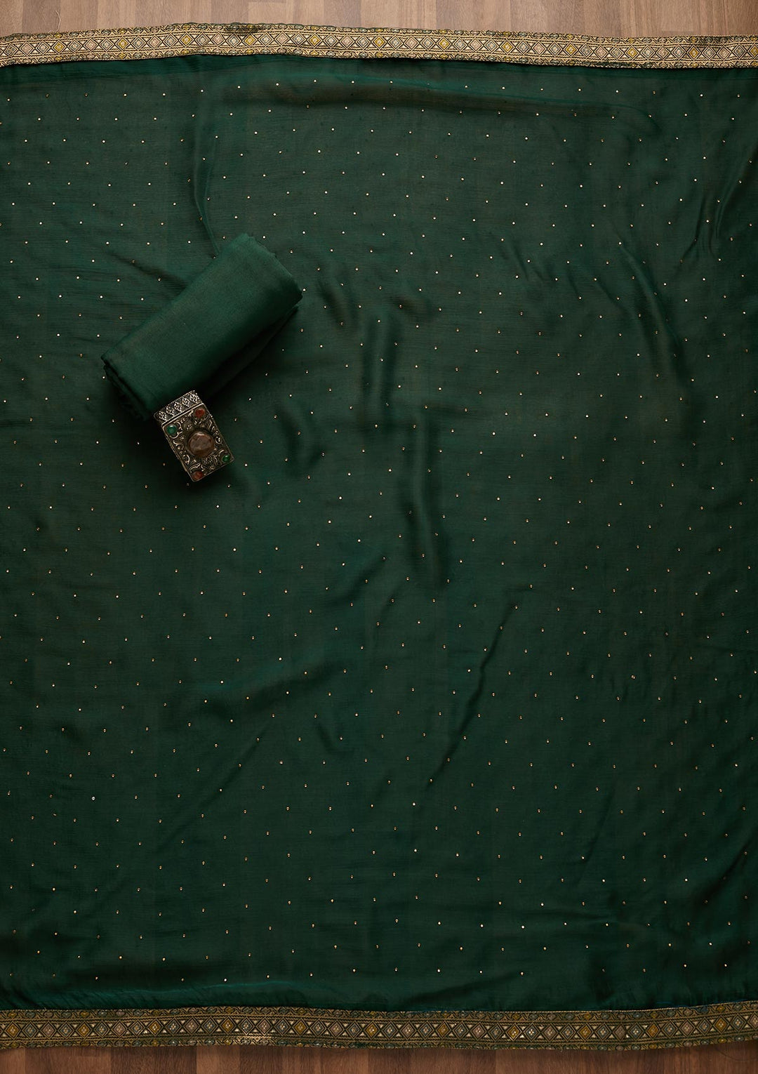 Bottle Green Zariwork Raw Silk Semi-Stitched Salwar Suit-Koskii