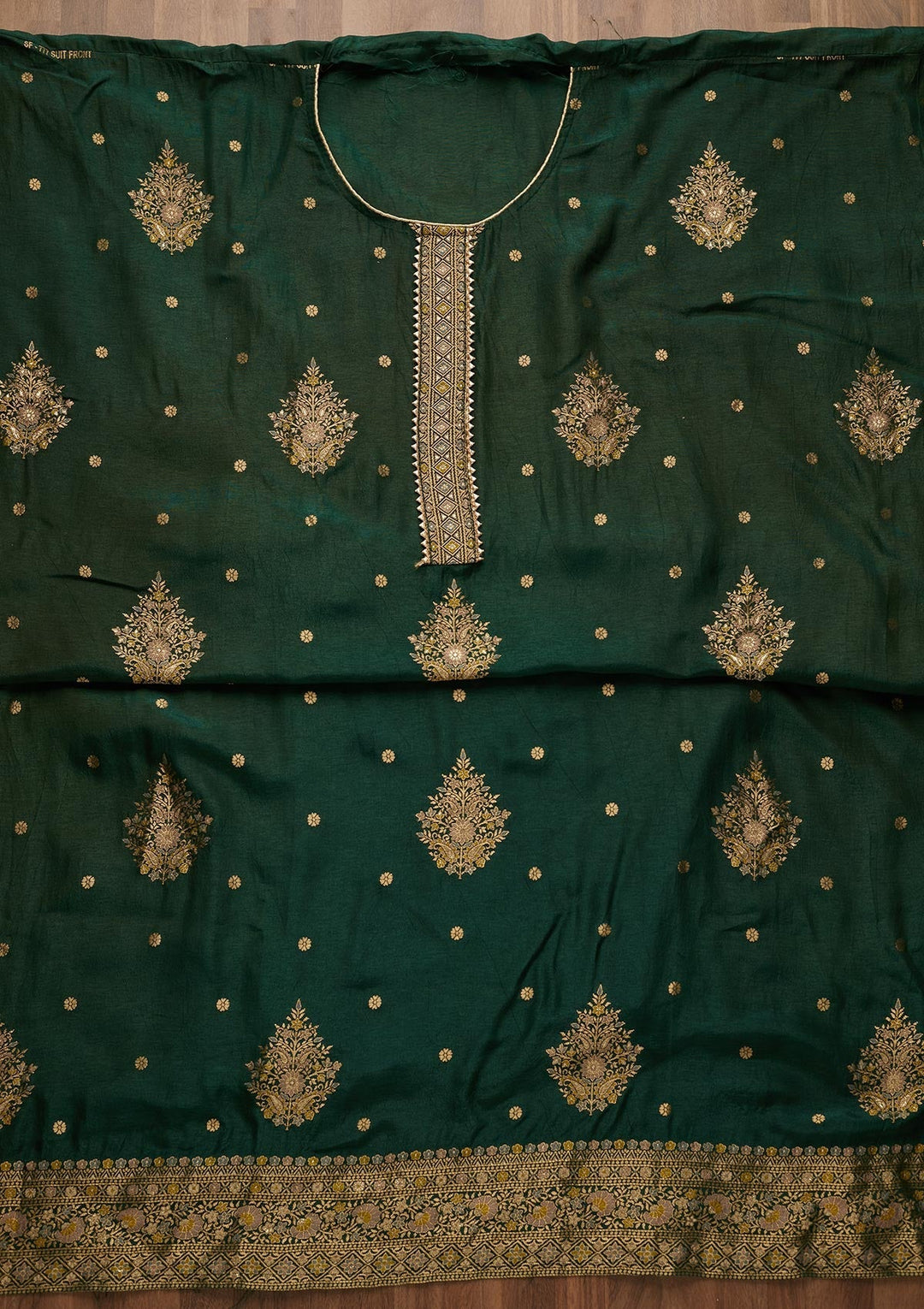 Bottle Green Zariwork Raw Silk Semi-Stitched Salwar Suit-Koskii
