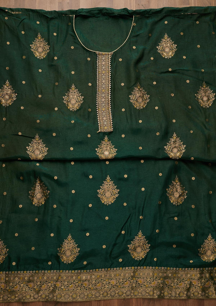 Bottle Green Zariwork Raw Silk Semi-Stitched Salwar Suit-Koskii