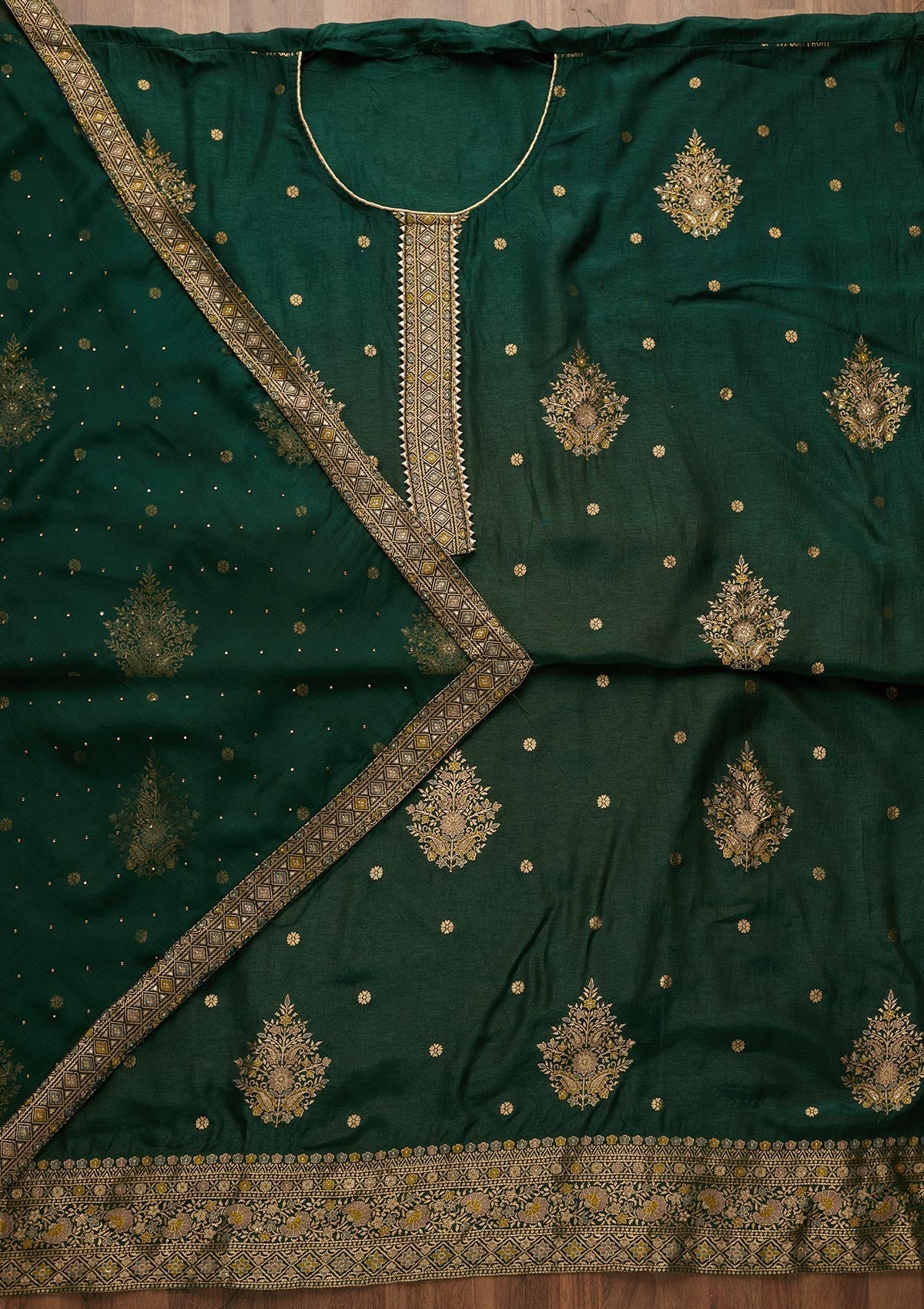 Bottle Green Zariwork Raw Silk Semi-Stitched Salwar Suit-Koskii