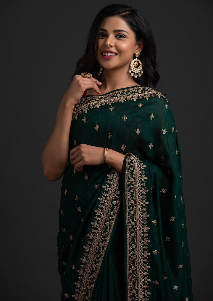 Bottle Green Zariwork Raw Silk Designer Saree - koskii
