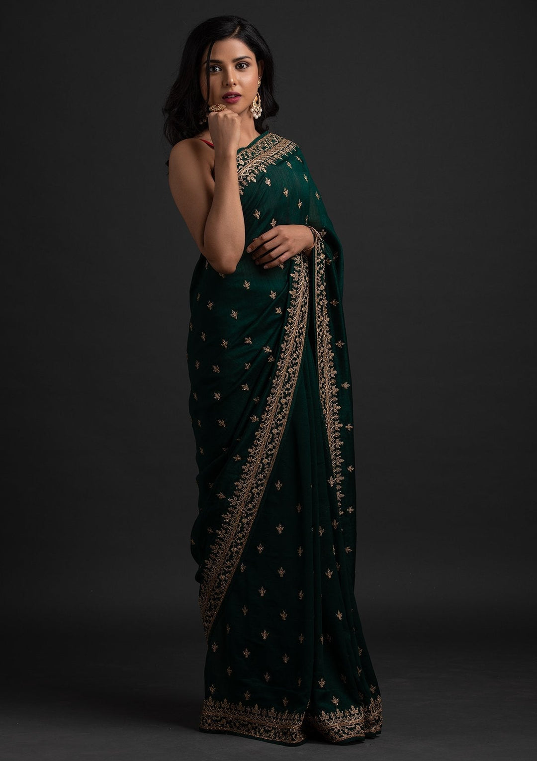 Bottle Green Zariwork Raw Silk Designer Saree - koskii