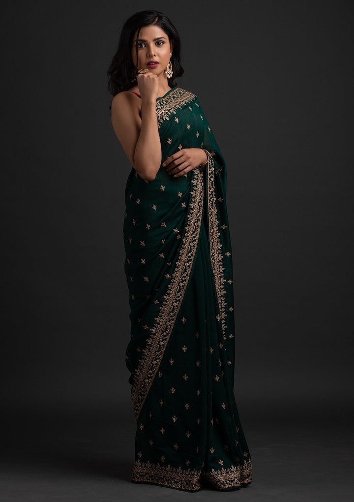 Bottle Green Zariwork Raw Silk Designer Saree - koskii
