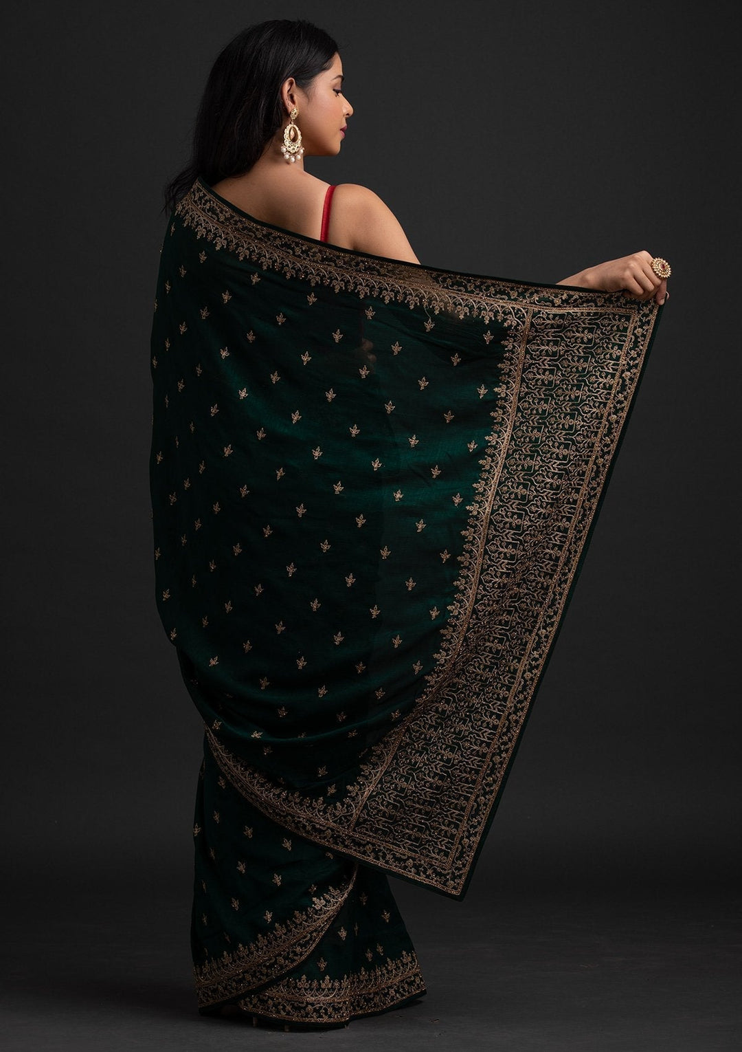 Bottle Green Zariwork Raw Silk Designer Saree - koskii