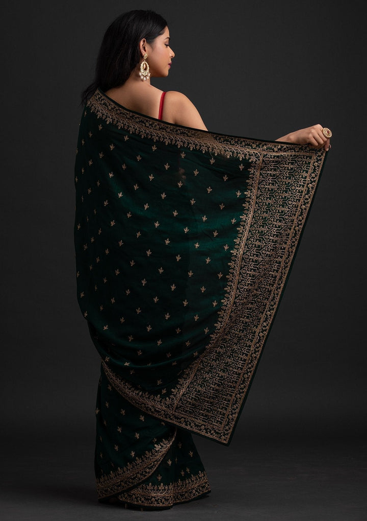 Bottle Green Zariwork Raw Silk Designer Saree - koskii