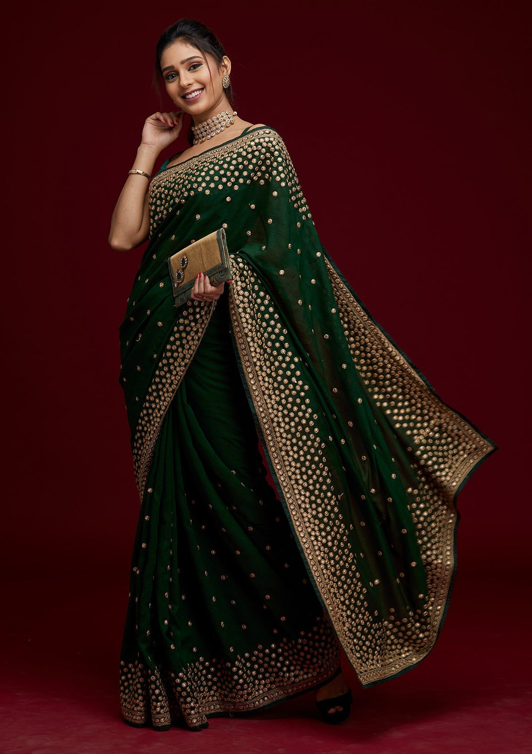 Bottle Green Zariwork Raw Silk Saree- Koskii