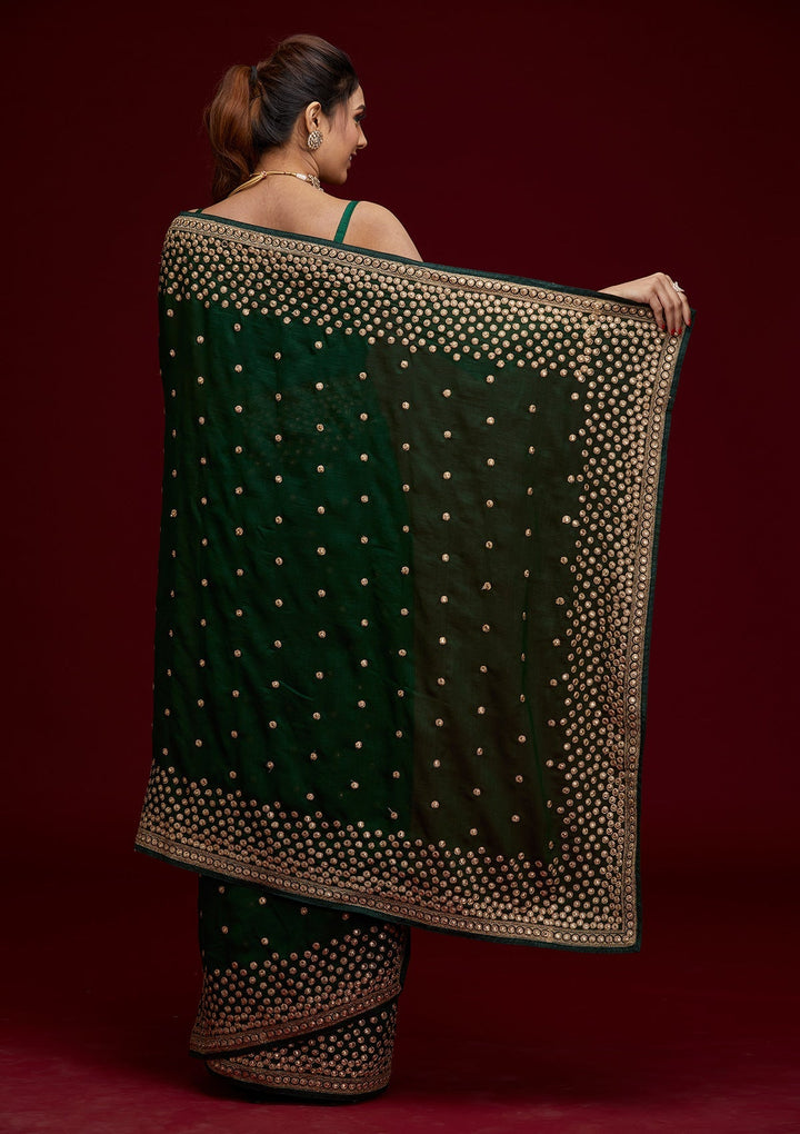 Bottle Green Zariwork Raw Silk Saree - Koskii