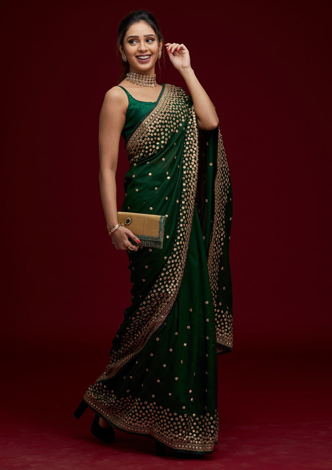 Bottle Green Zariwork Raw Silk Saree - Koskii