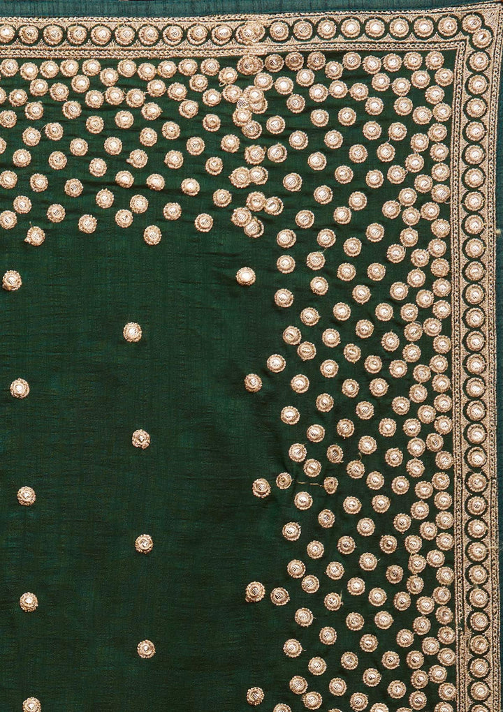 Bottle Green Zariwork Raw Silk Saree - Koskii
