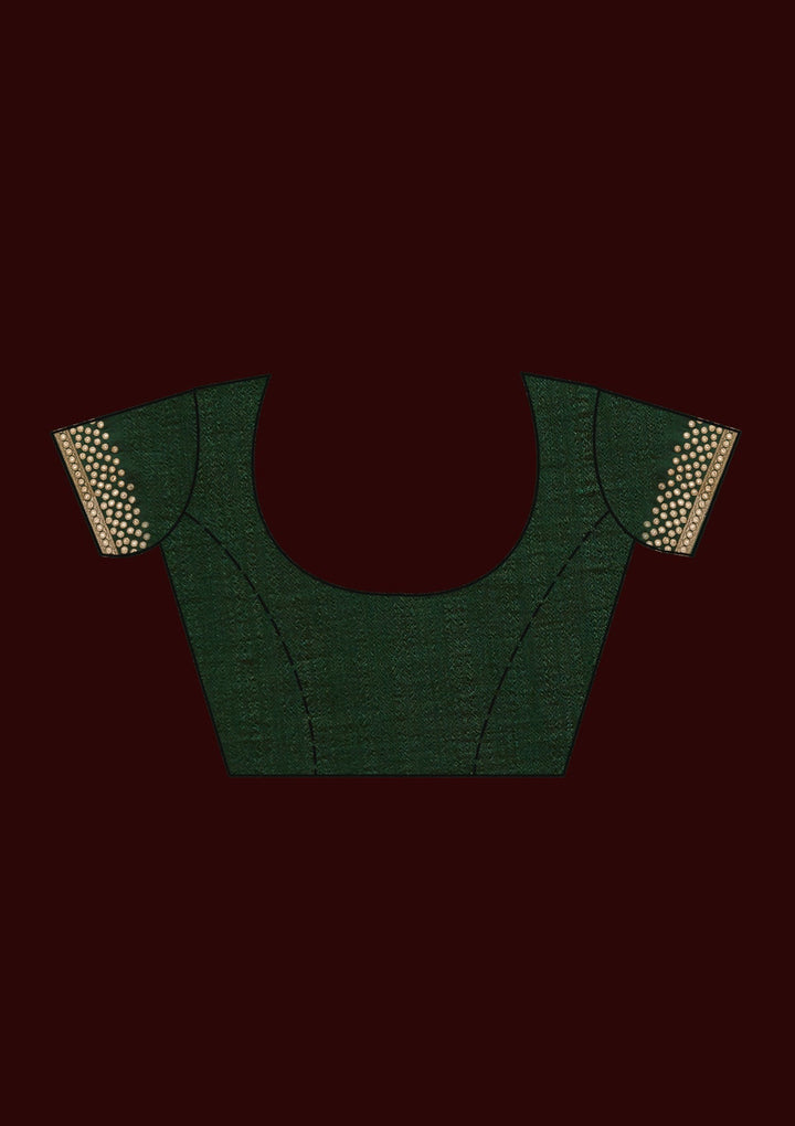Bottle Green Zariwork Raw Silk Saree - Koskii