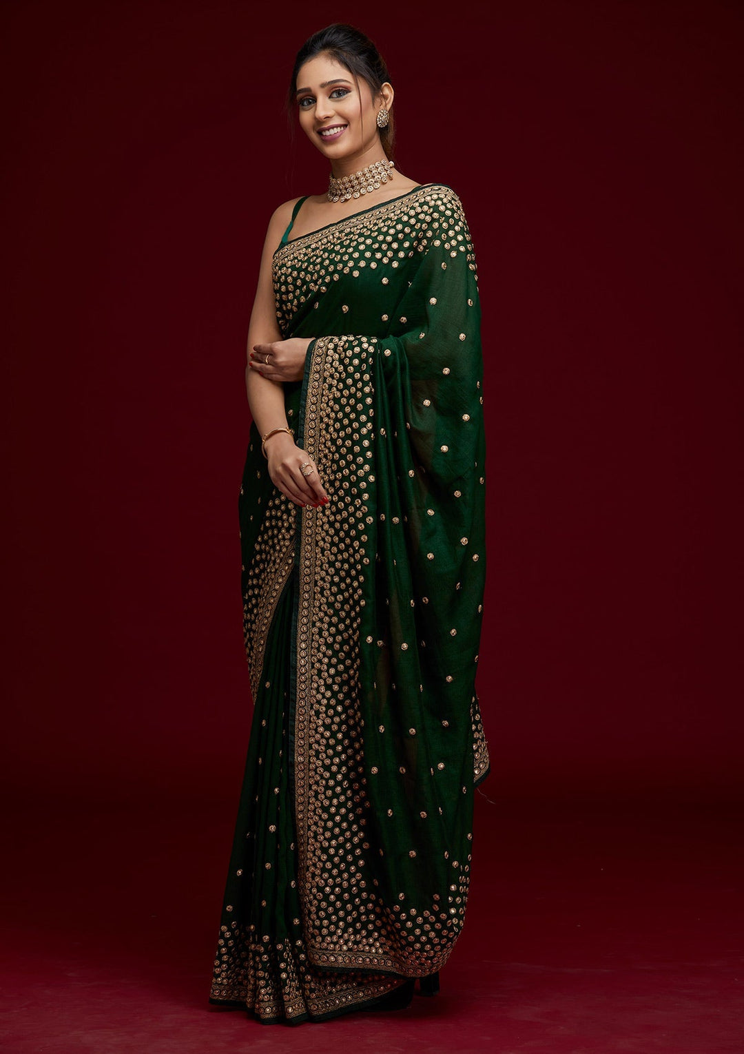 Bottle Green Zariwork Raw Silk Saree - Koskii