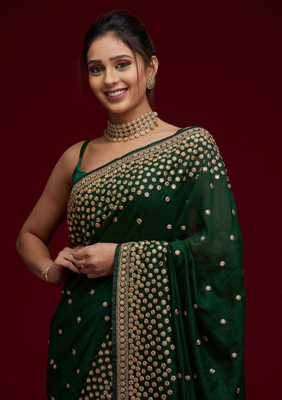 Bottle Green Zariwork Raw Silk Saree - Koskii