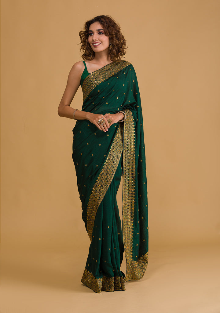 Bottle Green Zariwork Semi Crepe Designer Saree-Koskii