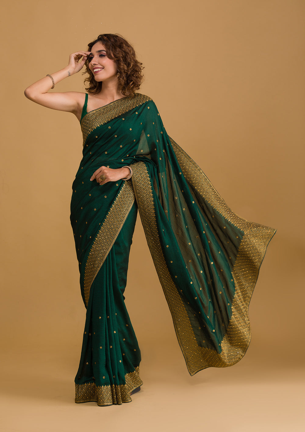 Bottle Green Zariwork Semi Crepe Designer Saree-Koskii
