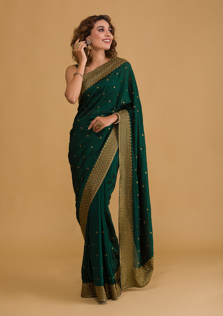 Bottle Green Zariwork Semi Crepe Designer Saree-Koskii