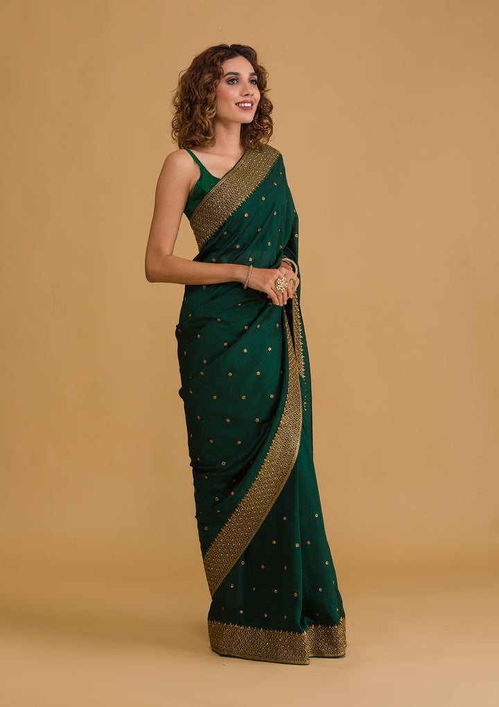 Bottle Green Zariwork Semi Crepe Designer Saree-Koskii