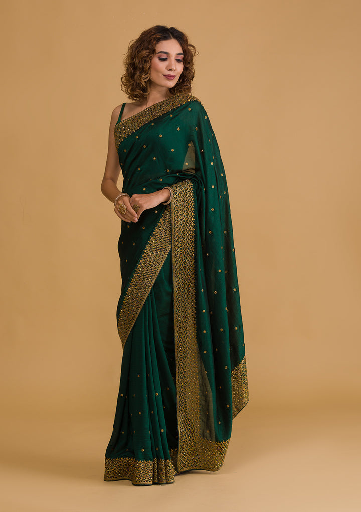 Bottle Green Zariwork Semi Crepe Designer Saree-Koskii