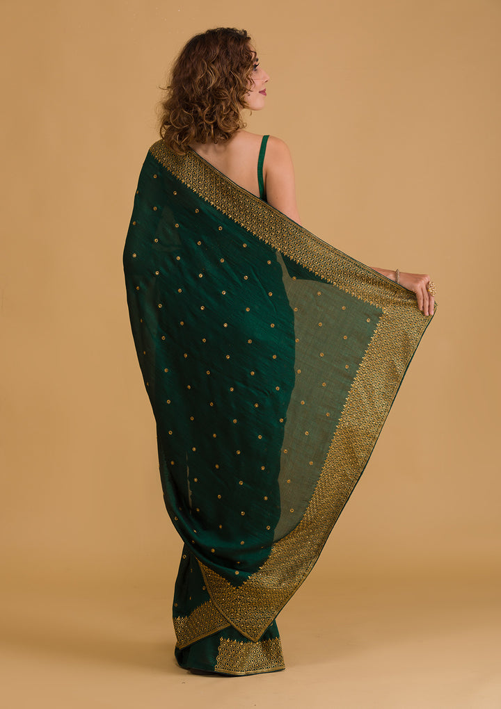 Bottle Green Zariwork Semi Crepe Designer Saree-Koskii