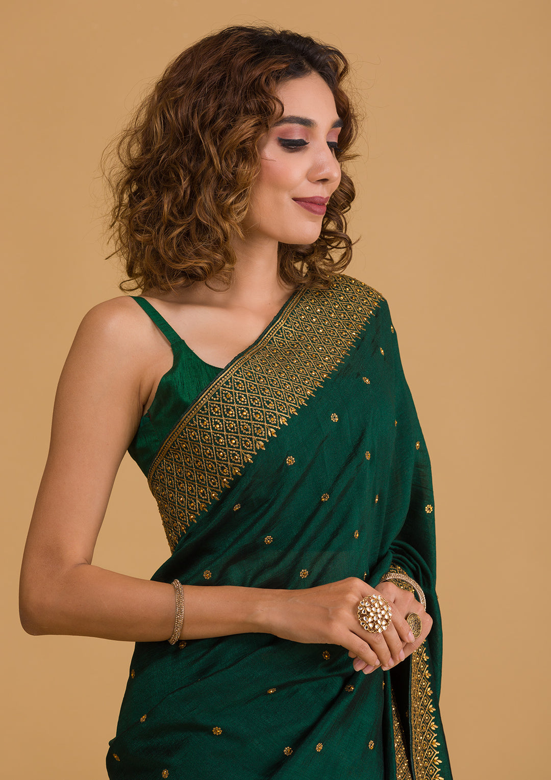 Bottle Green Zariwork Semi Crepe Designer Saree-Koskii