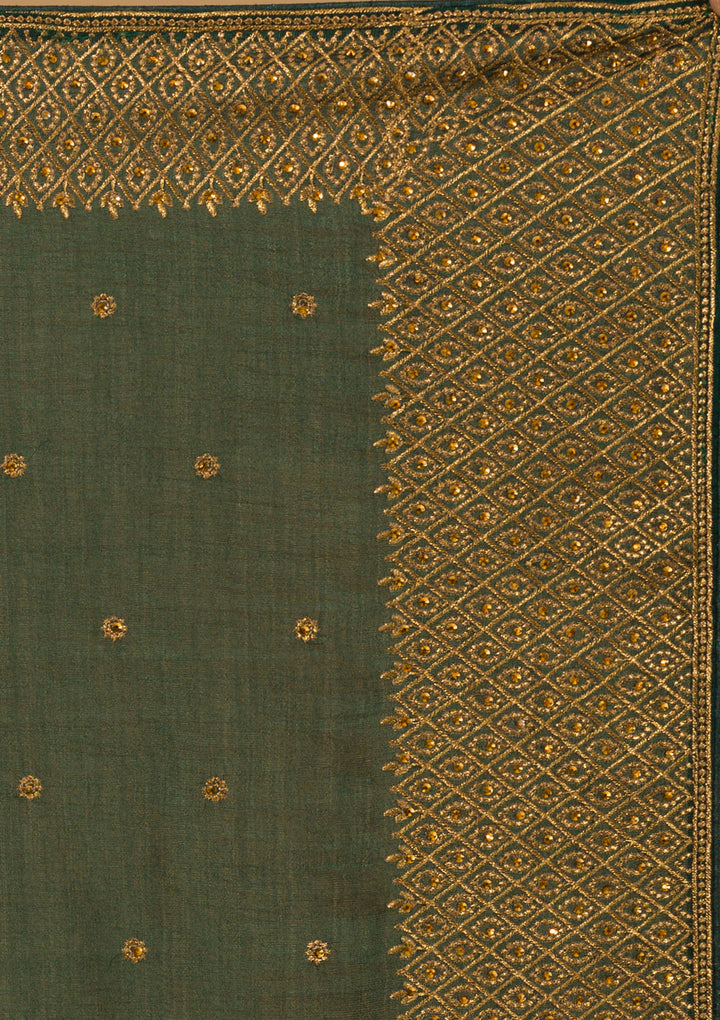 Bottle Green Zariwork Semi Crepe Designer Saree-Koskii