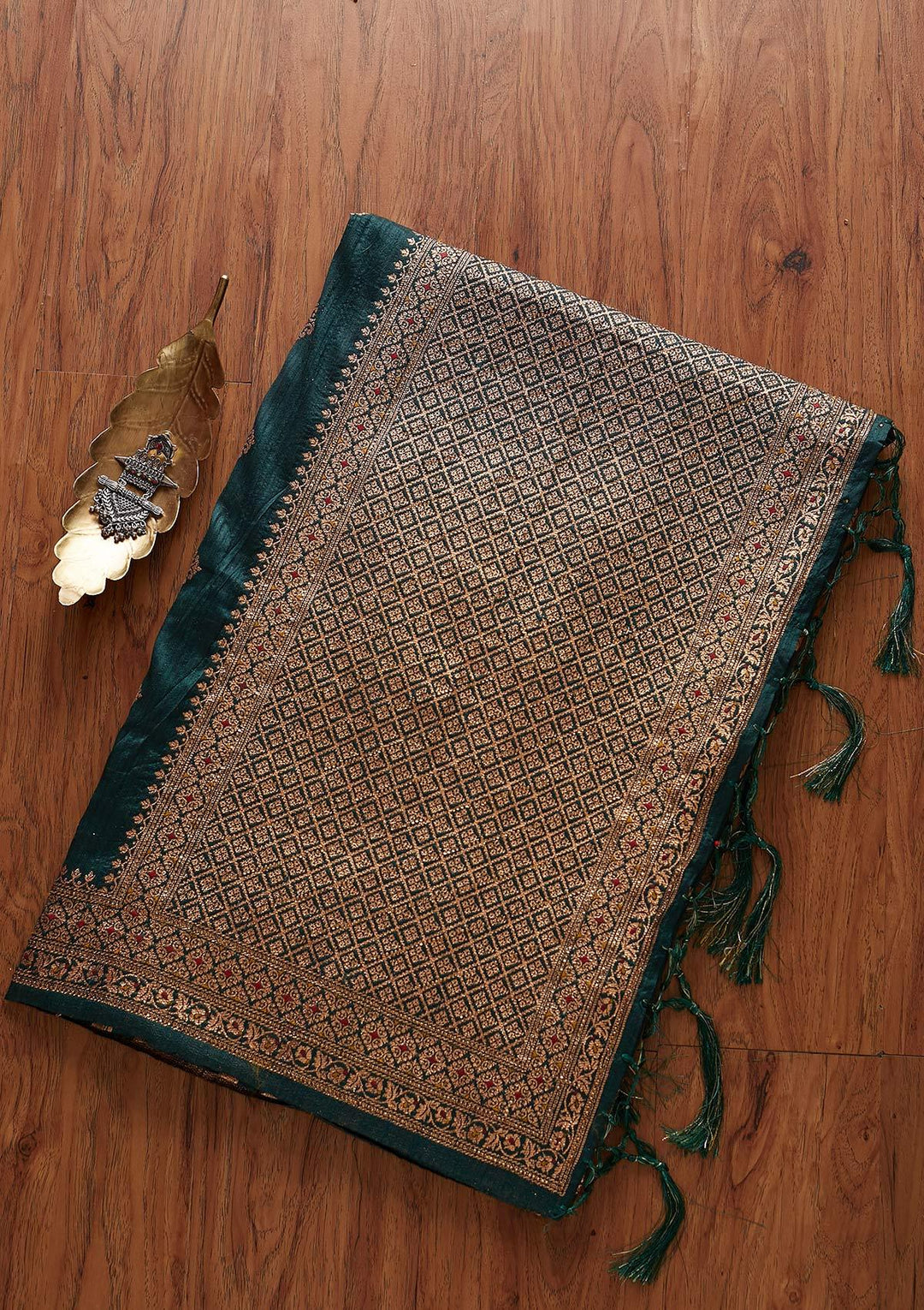 Bottle Green Zariwork Raw Silk Designer Saree - koskii
