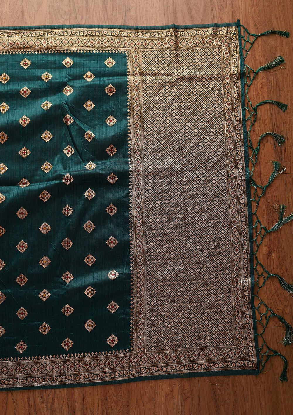 Bottle Green Zariwork Raw Silk Designer Saree - koskii