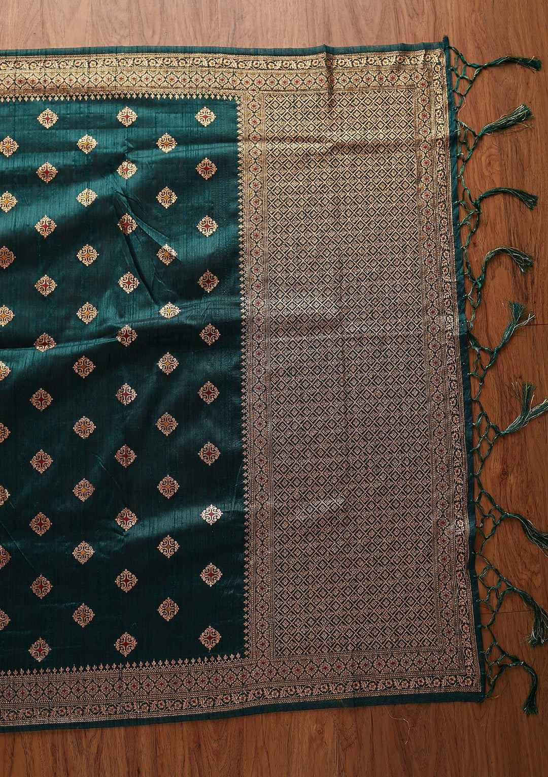 Bottle Green Zariwork Raw Silk Designer Saree - koskii