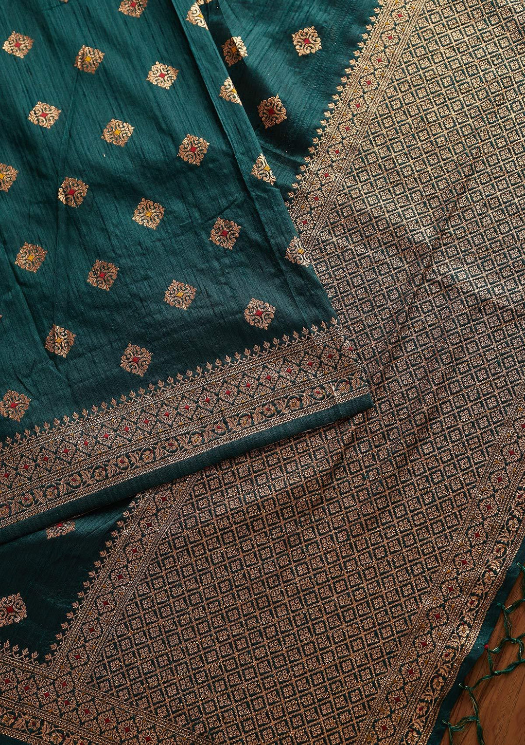 Bottle Green Zariwork Raw Silk Designer Saree - koskii