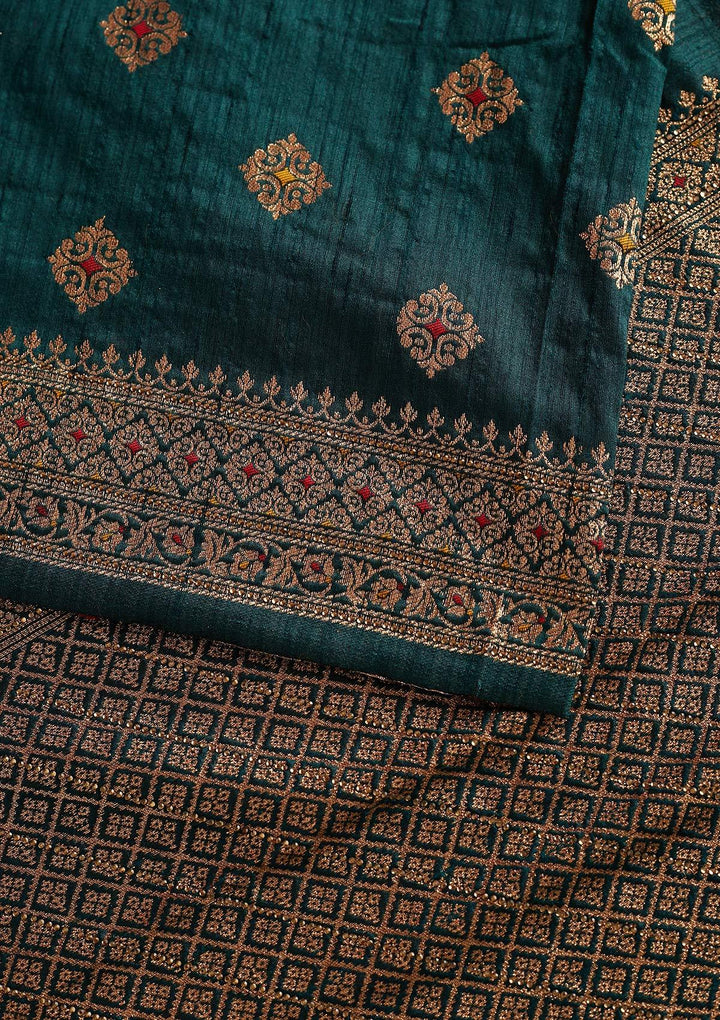 Bottle Green Zariwork Raw Silk Designer Saree - koskii