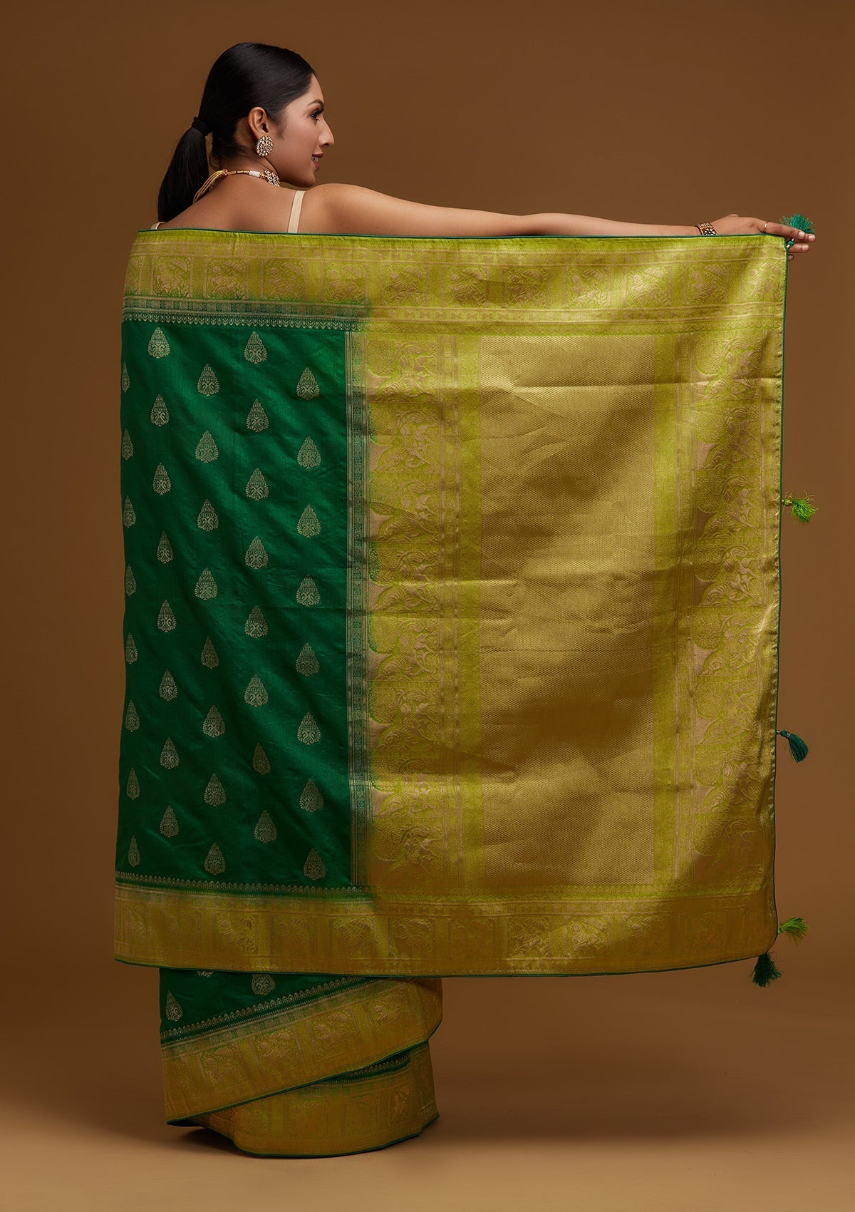 Bottle Green Zariwork Raw Silk Designer Saree - Koskii
